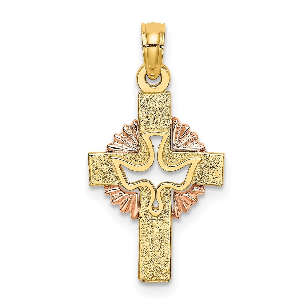 10k Two-Tone Gold Cut-Out Dove On Cross Necklace Charm Pendant